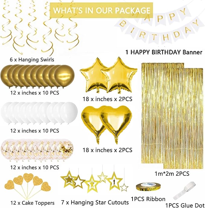 Gold Birthday Decorations, White and Gold Balloons Party Decorations Set, Golden Happy Birthday Banner Fringe Curtain Party Decorations for Kids Women Men Girls Golden Birthdays Party Supplies