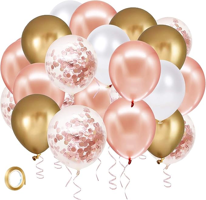 Rose Gold Confetti Latex Balloons, 60 Pack White Balloons 12 Inch with Gold Ribbon for Birthday Party, Wedding, Bridal Shower Decorations