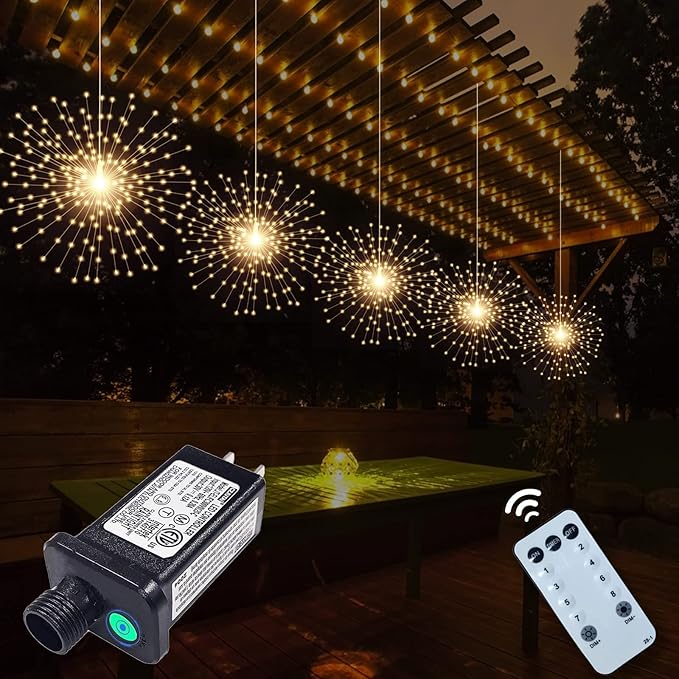 PXBNIUYA 5 Pack 1000LED Plug in Starburst Sphere Lights,Firework Light 8 Modes Dimmable Remote Control Waterproof Hanging Copper Wire Fairy Light for Patio Party Tent Christmas (Warm White)