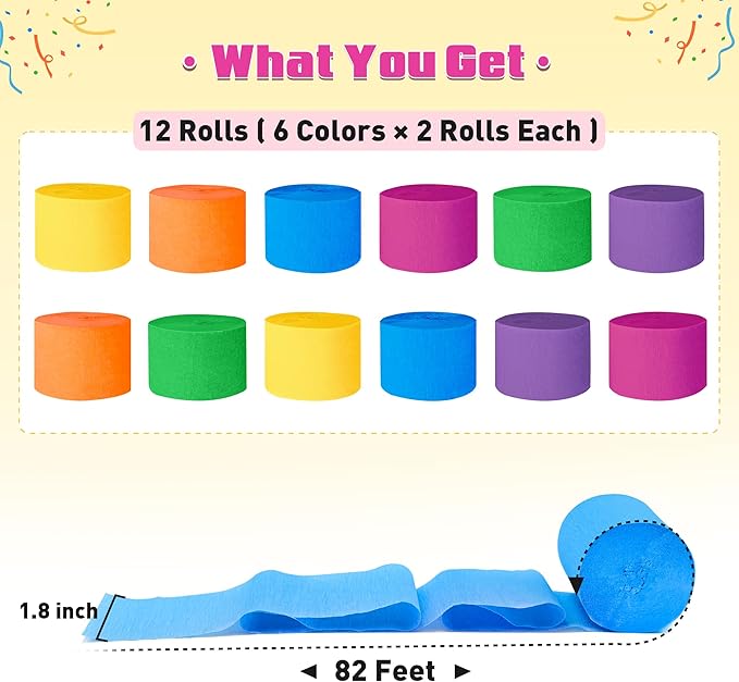 Crepe Paper Streamers, 12 Rolls Party Streamers, 6 Colors 984 Ft Streamers Party Decorations for Birthday, Wedding, Baby Shower, Holiday, DIY Crafts, Backdrop