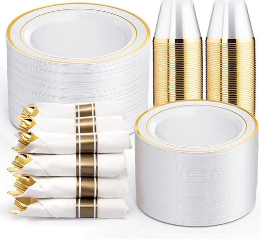 WELLIFE 350Pcs Gold Plastic Plates for 50 Guests - Plastic Dinnerware Set, Includes 100 Party Plates,150 Gold Silverware Disposable,50 Napkins,50 Cups,Disposable Plates for Party and Wedding
