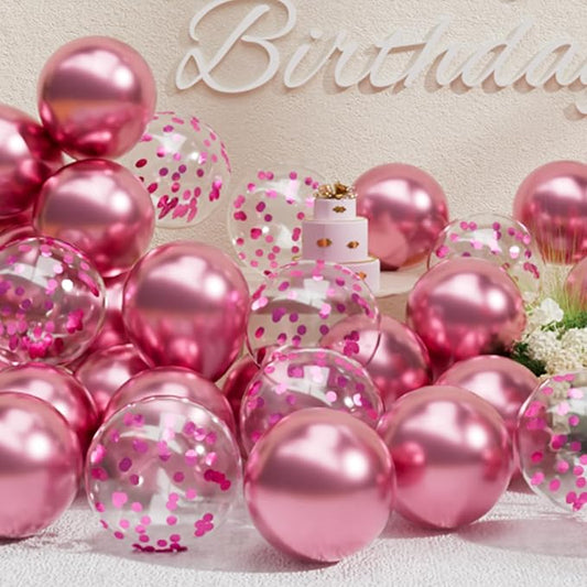 SUWEN Pink Metallic Balloons and Confetti Balloons Set 47PCS Latex Helium Chrome Hot Pink Balloon for Birthday Graduation Anniversary Wedding Party Decorations