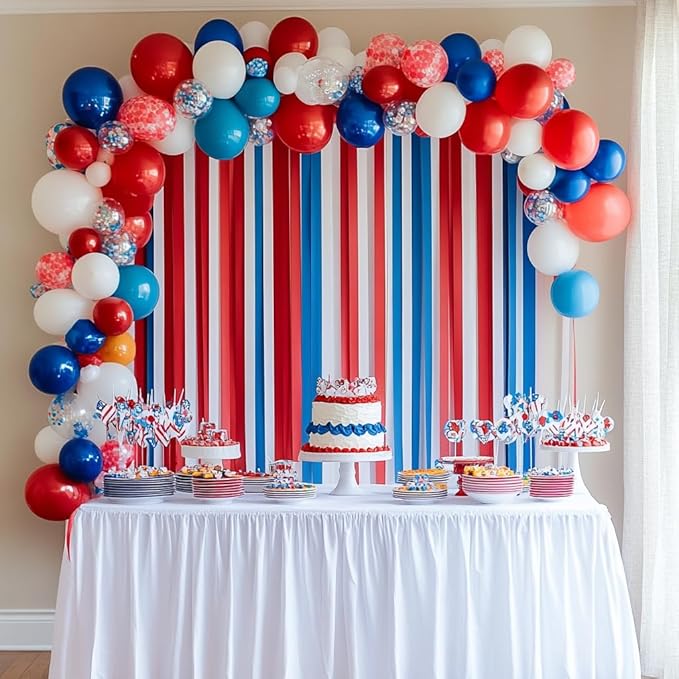 6 Unique Red, White and Blue Streamers, 492ft Pack of Red, White and Blue Crepe Paper Rolls for USA Decorations, American Party Decorations, 4th of July (1.8 inch x 82 ft/Roll)
