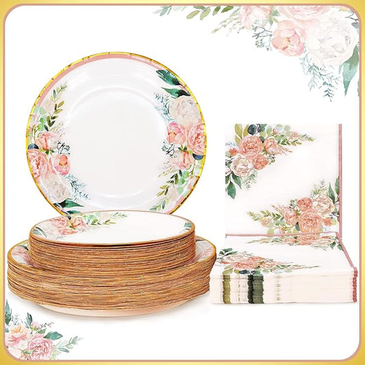 Boosolo Floral Party Supplies - Paper Plates and Napkins Sets for 50 Guests - Include Floral Party Disposable Paper Dinner Plates, Napkins for Baby or Bridal Shower, Birthday, Wedding