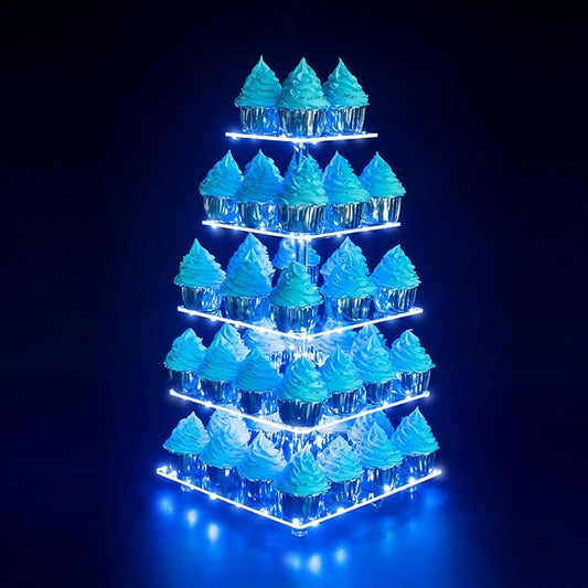 Cupcake Stand, 5-Tier Square Cupcake Holder with LED Light String, Acrylic Cupcake Tower Display-Dessert Tower-Pastry Stand-Cupcake Tier Stand for Wedding, Birthday Party (Blue Light)