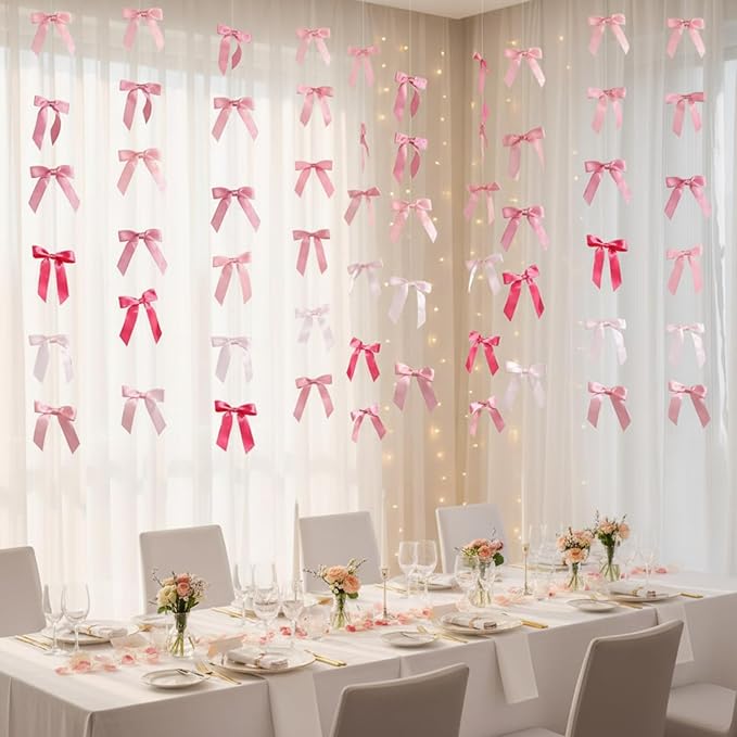 Taobary 8 Pcs 6.6 ft Bow Garland, Satin Ribbon Bow Banner Coquette Hanging Ornament for Photo Backdrop Birthday Party Wedding Bridal Baby Shower Wall Decorations(Pink Series,1 Inch)