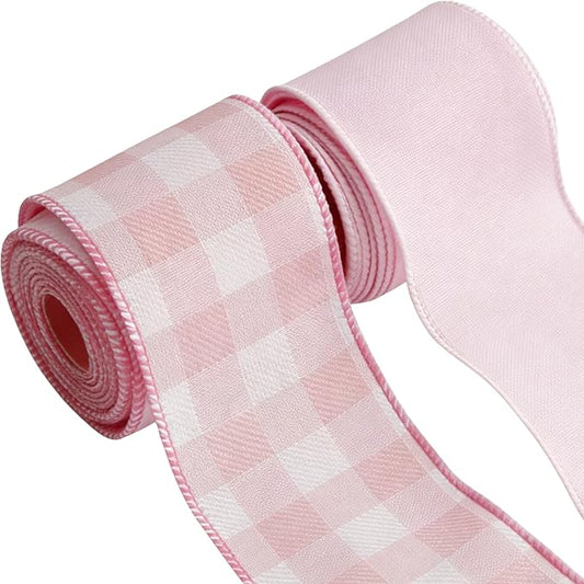 Meseey 1.5 Inch Pink Wired Ribbon Set, 2 Rolls Total 10 Yards Solid Light Pink & Pink White Buffalo Check Wired Edge Ribbon for Wreaths, Bows, Gift Wrapping, Baby Shower & Spring Decor