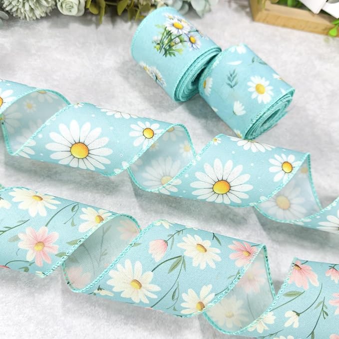 Spring Daisy Wired Edge Ribbon, 2.5 Inch Turquoise Blue with White Pink Floral Printed Ribbon, 4 Rolls for Birthday Wedding Bridal Baby Shower DIY Wrapping Mother's Day Party Decor (Turquoise Blue)