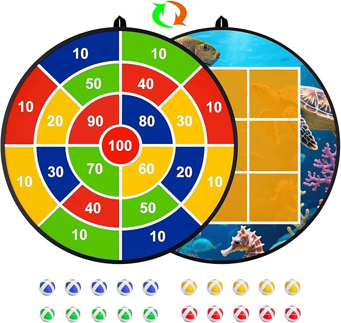 Kids Dart Board 26" Large with 20 Sticky Balls, Foldable Double-Sided Indoor Outdoor Sport Party Play Game Toys, Birthday Gift for Boys and Girls Ages 4 5 6 7 8 9 10 11 12
