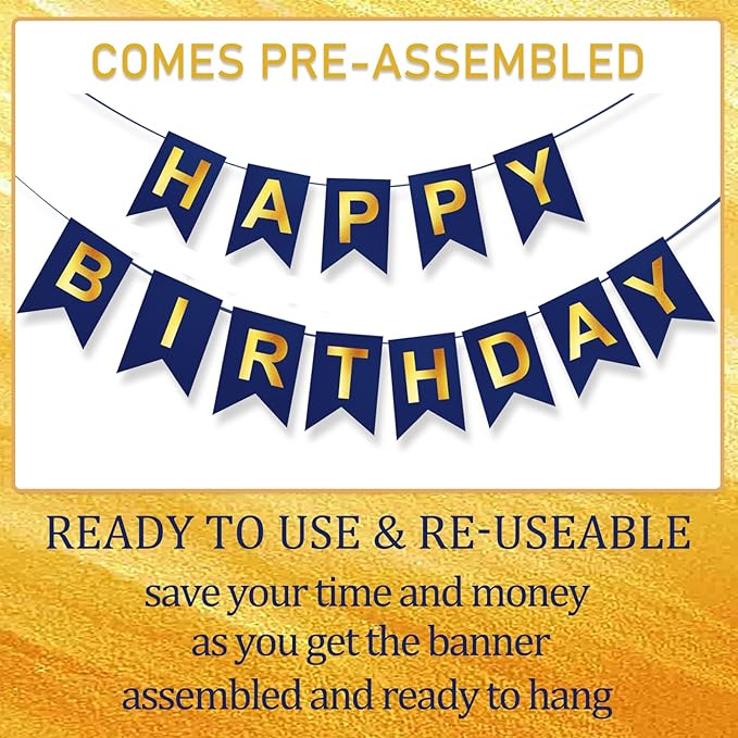 Blue Happy Birthday Banner,Navy Blue and Gold Party Decorations Sigh for Birthday Decor,Backdrop Birthday Party Supplies,No DIY for Girls Boys Kids and Women Party Hanging(Pre-Strung,16ft)