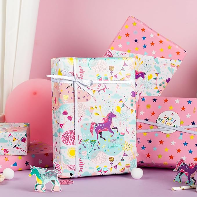 MAYPLUSS Pink Unicorn Gift Wrapping Paper - 17Inch X 33Feet - Enchanting Colorful Unicorn Gift Wrap For Children's Kid's Girl Birthday, Baby Showers, Party, Scrapbook Card Decor Book Cover