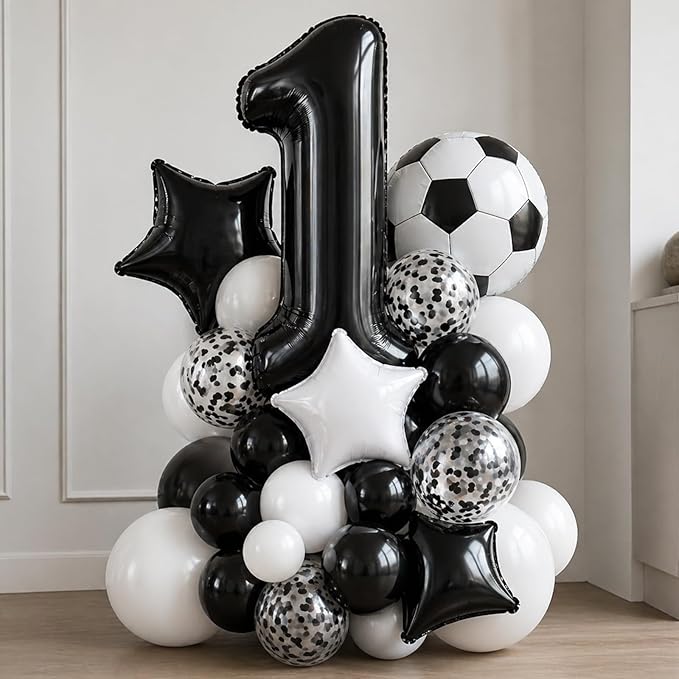 Soccer Balloons, 12Inch Black White Soccer Printed Latex Balloons, 18 Inch Black and White Star Foil Balloon with Confetti Helium Balloon for Sport Football Theme Boy Men Birthday Party Decorations