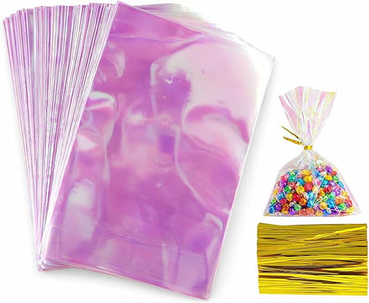 Amzlysdok 100PCS Iridescent Cellophane Bags,5 x 7 Inches Treat Bags with Twist Ties for Candy, Snacks, Cookies,Party Favors, and Gift Wrapping
