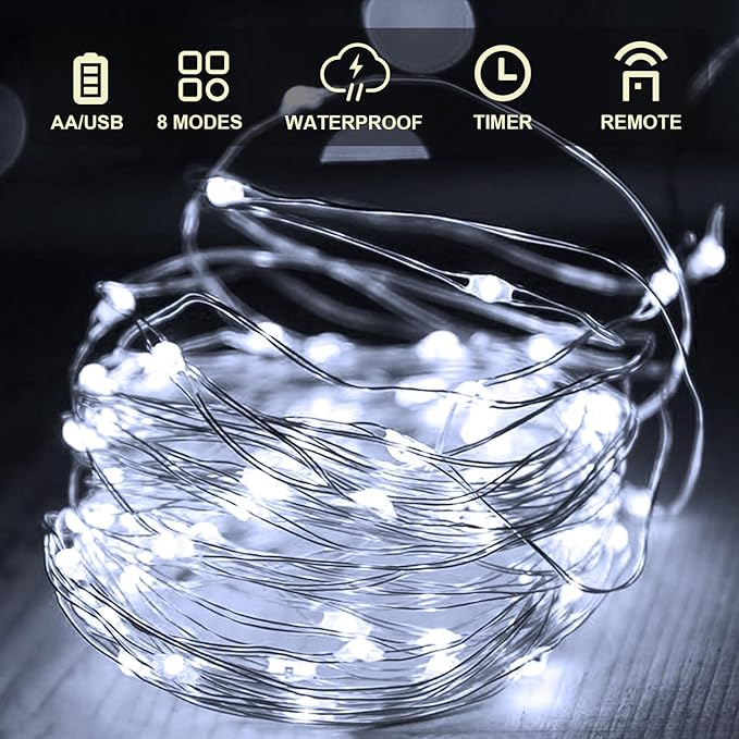 Aogist 50LED Fairy Lights 16ft Dual Power(USB/Battery) with Remote & Timer, 8 Modes Flexible Copper Wire Waterproof String Lights for Outdoor Christmas Wedding Bedroom Party Decor-1 Pack,White