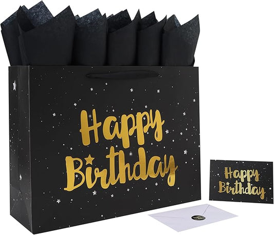 Qirrmiy 16.5'' Extra Large Black Happy Birthday Gift Bag Set with Handles, Greeting Card, Tissue Papers and Stickers for Men Boys Kids, Stars Design, 1 Pcs.