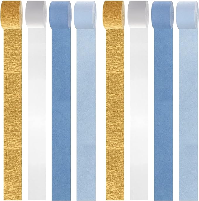 Blue Party Decorations, 8 Rolls Blue Gold Crepe Paper Streamers, for Birthday Anniversary Bridal Shower Wedding Graduation Decorations, 1.8 Inch x 82 Ft/Roll