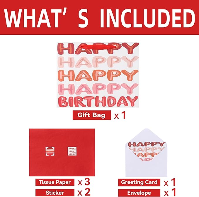 Qirrmiy 13'' Large Red Happy Birthday Gift Bag Set with Handles, Greeting Card, Tissue Papers and Stickers for Women Girls Kids Teens, Words Design, 1 Pcs