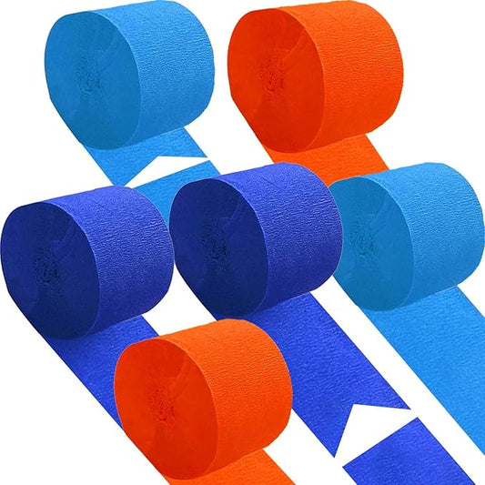 Orange Blue and Royal Blue Crepe Paper 6 Pcs Streamers for Party Decorations, Birthday Wedding DIY Crafts, Gift Wrapping Supplies