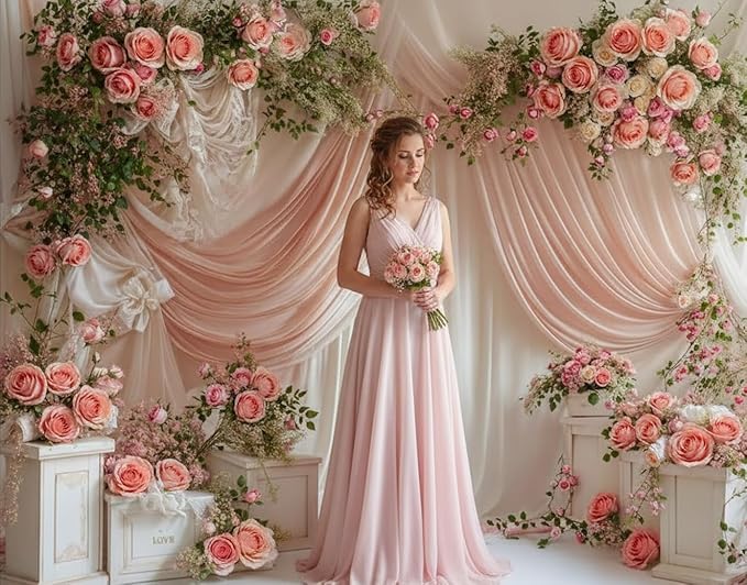 Kate 8x8ft Wedding Backdrop Curtain Pink Floral Decor for Ceremony Photography Background Romantic Bridal Shower Party Photo Booth Props with Rose Garland Drapes