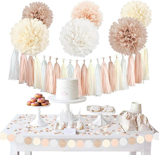 NICROHOME EUR Boho Wedding Decorations, 28PCS Rustic Neutral Creamy White Tissue Paper Pom Poms Tassel, Dots Paper Garland Decor Packages for Baby Shower Birthday Bridal Shower Party Table