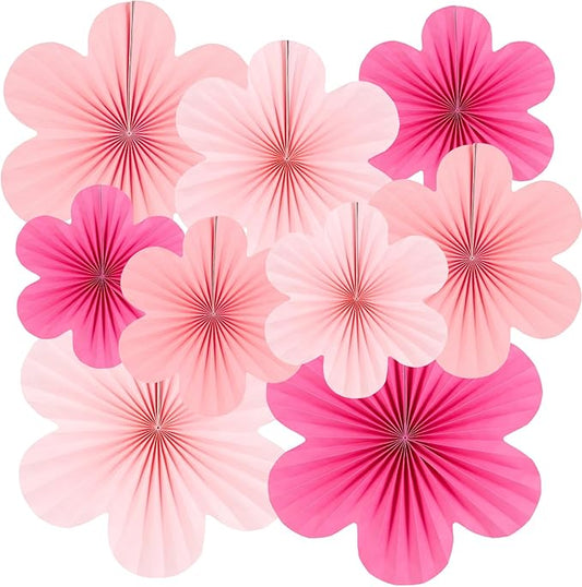SUNBEAUTY Paper Flowers Decoration, Set of 9 - Hot Pink Paper Flower for Wall Hanging Ornaments, Party Fans & Floral Backdrop for Weddings Baby Showers Birthdays Valentine Mother's Day & More