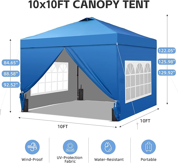 GDY 10x10FT Pop-Up Canopy Tent — Water-Resistant, UV-Protective Fabric, Portable Outdoor Event Tent with 4-Side Walls & Vented Top, Blue.