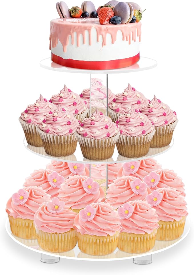 YestBuy 3 Tier Round Cupcake Stand with Base, Acrylic Cake Stand, Cupcake Tower Stand, Premium Cupcake Holder for 23 Cupcakes, Display for Pastry Wedding Birthday Party (4" Between 2 Layers)