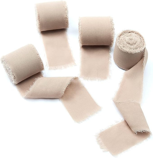 4 Rolls Nude Handmade Fringe Chiffon Silk Ribbon 1.5" W x 5Yd Per Roll,Frayed Edges Ribbon Set for Gifts Wrapping,Wedding Invitations,Bouquets,DIY Crafts (1.5" x20Yd, Nude)