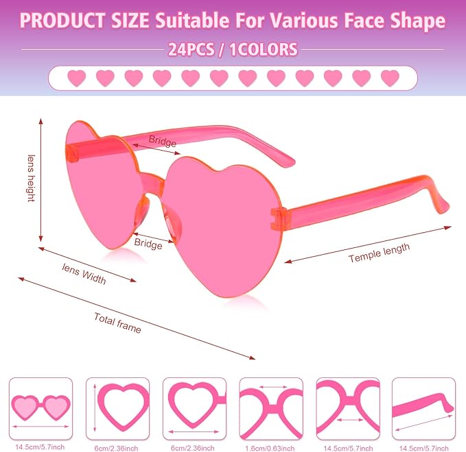 NACHLYNN 24 Pairs Rose Red Heart Shaped Sunglasses for Women - Rimless Candy Heart Glasses for Party Favors