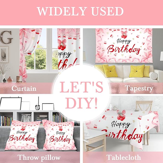 Mocsicka Cherry Happy Birthday Backdrop Cherry Theme Birthday Party Decorations Banner Red for Girls Cherries Fruit Theme Party Photography Backgorund Supplies (Pink, 8x6ft(96"x72"))