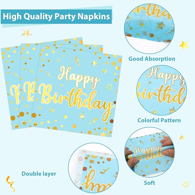 CHUNNIN 96PCS Blue Birthday Plates and Napkins Birthday Party Decorations Light Blue and Gold Dessert Plates Tableware for 24 Guests Kids Party Supplies