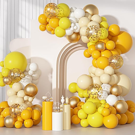 Ouddy Party Yellow Gold Balloons Arch Garland Kit, Different Sizes 18 12 10 5 Inch Mustard Pastel Yellow White Latex Metallic Confetti Balloon for Sunflower Bee Baby Shower Birthday Party Decorations