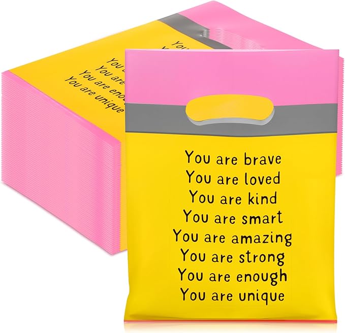 Coume 100 Sets End of the Year Gifts Bags for Students 6 Colors Inspiration Quotes Plastic Party Favors Treat Bags with Handles Birthday Party Favors, 6" x 8"
