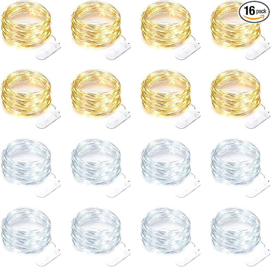 16 Pack 30 Led Fairy Lights Battery Operated String 10 Feet Waterproof Twinkle Mason Jar Silver Wire Firefly for Christmas Party W+wt