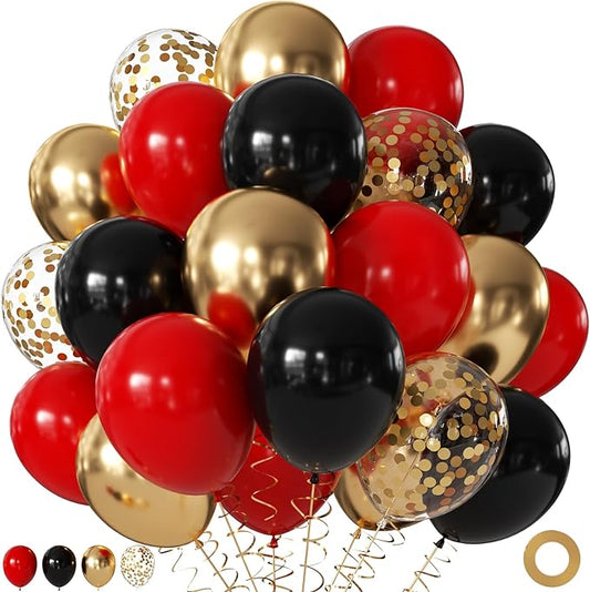 Red Black Gold Balloons, 60Pcs 12Inch Red and Black Gold Balloons with Gold Confetti Balloons for Graduation New Year Casino Movies Night Birthday Party Decorations