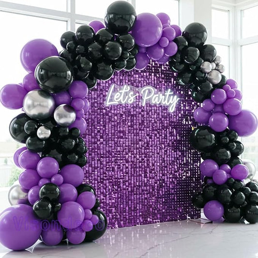 Black and Purple Balloons - 132pcs 18'' 12'' and 5'' Purple Black Balloon Arch Kit with Metallic Silver Balloons for Birthday Party Halloween Graduations Corporate Event and Gaming Night