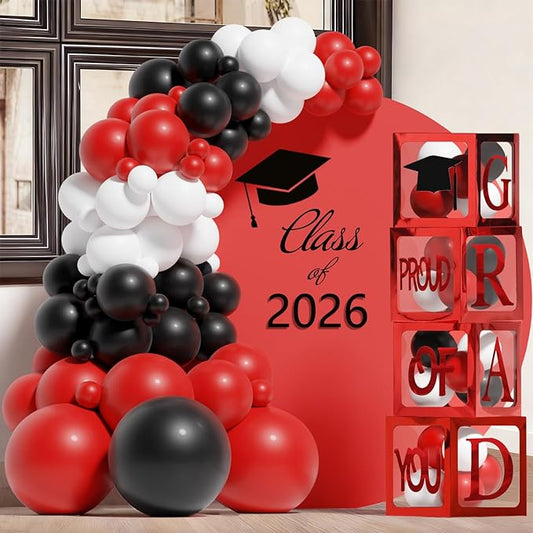 Graduation Decorations 2026,4 Pcs Transparent Balloon Boxes with Letters of GRAD,PROUD OF YOU,Class of 2026 130pcs Red and Black Balloon Arch Kit for High School College 2026 Grad Party Supplies