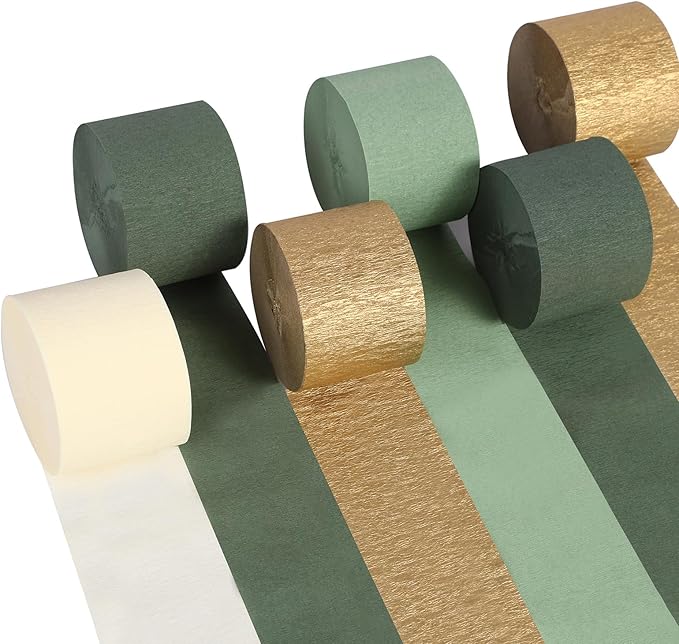 Suaxova Olive Green and Gold Crepe Paper Streamers 6 Rolls 492ft, Pack of Sage Green Gold Ivory Theme Party Streamers for Party Decorations, Birthday, Wedding, Baby Shower, Graduation, Christmas