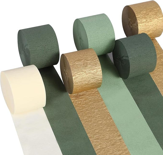 Suaxova Olive Green and Gold Crepe Paper Streamers 6 Rolls 492ft, Pack of Sage Green Gold Ivory Theme Party Streamers for Party Decorations, Birthday, Wedding, Baby Shower, Graduation, Christmas