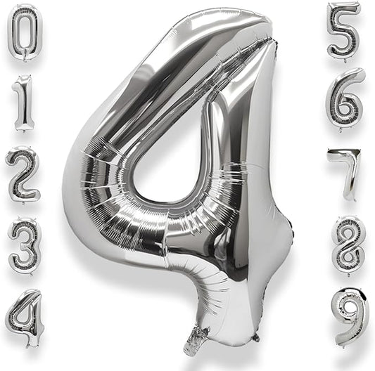 AULE 40 Inch Big Silver 4 Balloon Number Large Foil Helium Number Balloons 0-9 Jumbo Giant Happy 4th Birthday Party Decorations for Boy or Girl Huge Mylar Anniversary Party Supplies