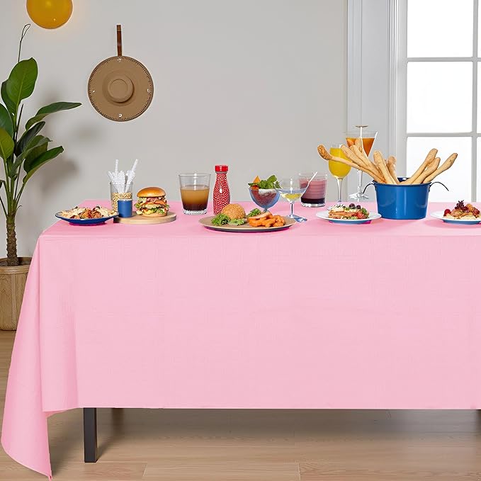 [6 Pack] Pink Paper Tablecloth Disposable for Rectangle Tables, 54 X 108 Inch Party Table Cover with Plastic Backing, Waterproof 3 Ply Table Cloth for Wedding Valentine's Day Parties