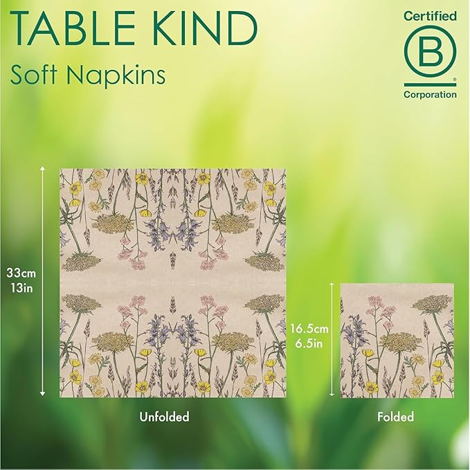 Table Kind 100 x Soft Recycled Floral Napkins Wildflower Soft Paper Napkins Pretty Wild Flower Serviettes for Spring Eco Friendly, Everyday & Compostable Weddings, Tea Party, Birthday Natural Kraft