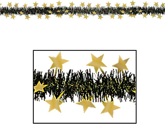 Beistle Metallic Star Garland, Black Fringe with Gold Stars, Festive Decoration for New Year’s Eve, Awards Night, Birthdays, and Anniversaries, 12’