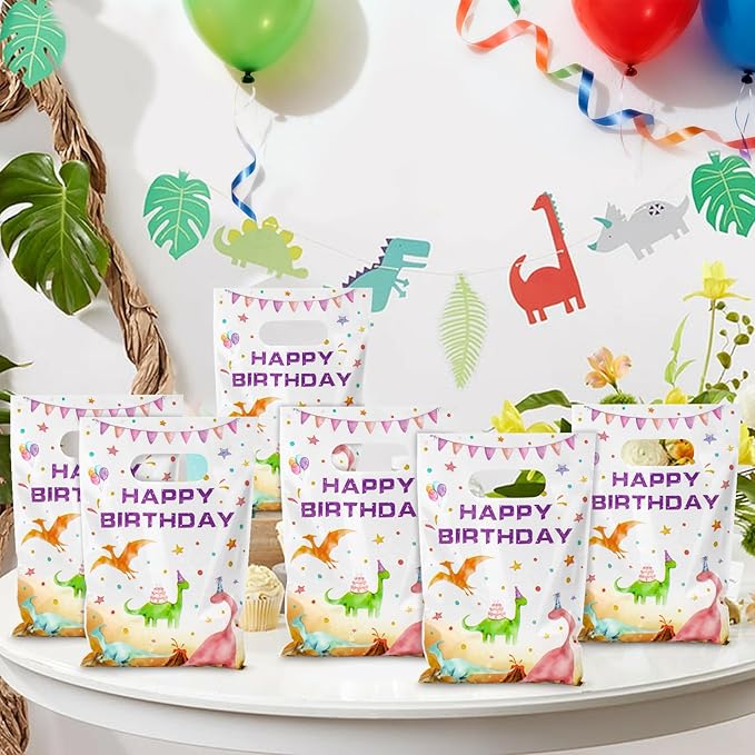 Hxezoc 50 Pieces Dinosaur Gift Bags with Handle, Plastic Treat Candy Bag Watercolor Dinosaur Favor Bags for Kids Birthday Party Decoration Supplies