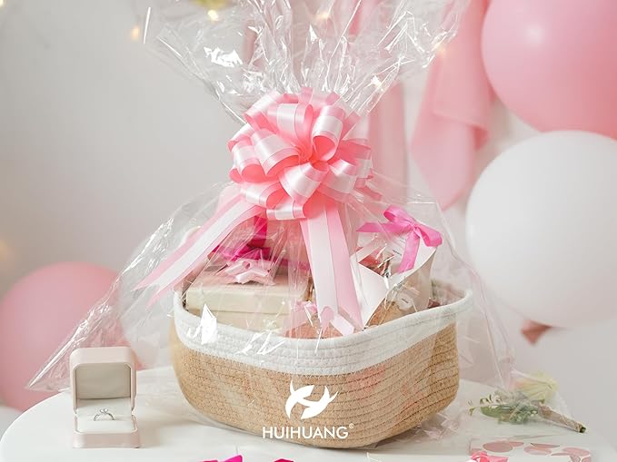 HUIHUANG Pink Pull Bows 12 PCS Baby Pink and White Double Layer Satin Pull Bows 6" x 10" Gift Bow for Gift Wrapping Gift Basket Flower Bouquets Baby Shower Favors Wedding Party Decor