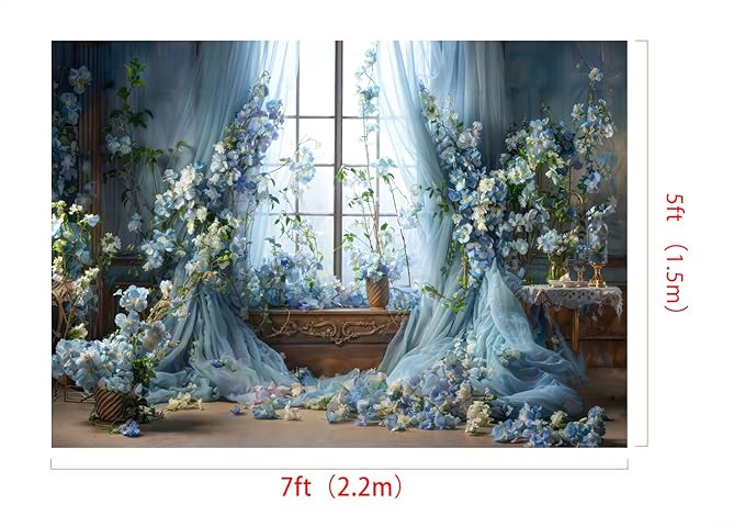 Kate Blue Flower Curtain Window Room Backdrop Romantic Retro Wedding Birthday Background for Photography 7x5ft
