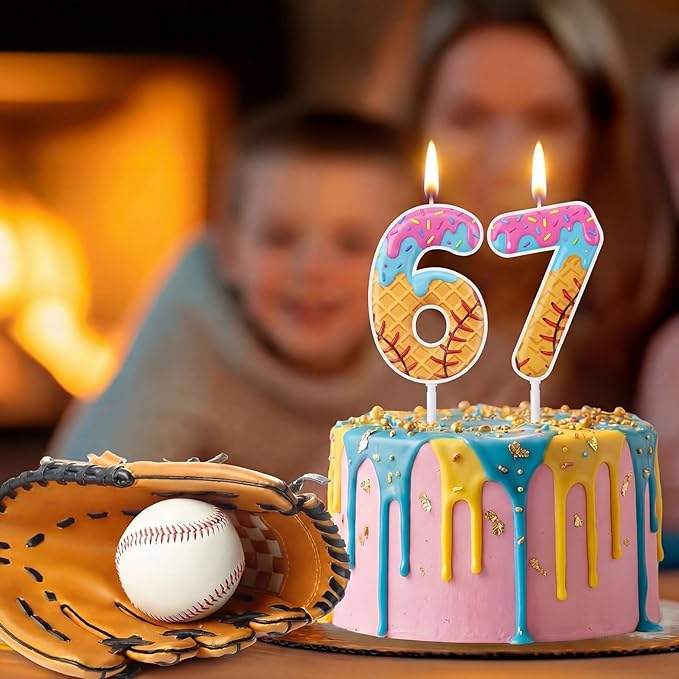 Conelist 6 7 Baseball Ice Cream Drip Birthday Number Candles Baseball Drip Cake Topper Candle Cupcake Topper Decoration for Sport Theme Happy Birthday Party Favors Anniversary Supplies (2 Pcs)