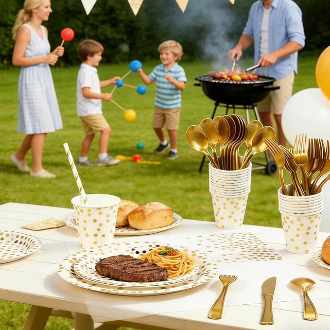 Party Supplies 402pcs White & Gold Plates and Napkins Sets - Disposable Dinnerware Sets for 50 Guests with Paper Plates Cups Straws Plastic Cutlery 2 Tablecloths - Bridal Shower Birthday Wedding