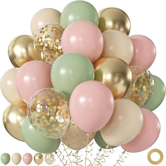 Pink and Green Balloons, 60Pcs 12 Inch Sage Green Pink Sand White Gold Confetti Balloons for Boho Baby Shower Jungle Woodland Floral Fairy Birthday Party Decorations