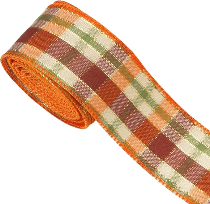 Meseey 1.5 Inch x 10 Yards Orange Green Burgundy White Plaid Wired Ribbon, Fall Tartan Check Wired Edge Ribbon for Wreaths, Bows, Gift Wrapping, Thanksgiving & Halloween Decor(Burgundy/Orange)